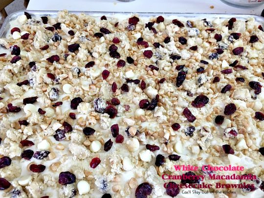 White Chocolate Cranberry Macadamia Cheesecake Brownies | Can't Stay Out of the Kitchen |we love these spectacular #brownies. They have a delectable #cheesecake layer in the middle & they're perfect for #tailgating parties. #chocolate #dessert #cranberries 