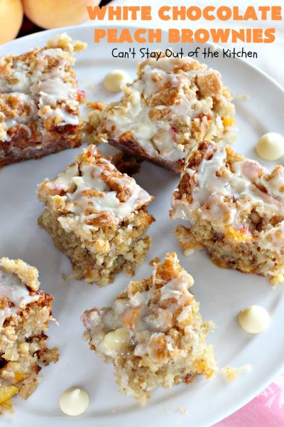 White Chocolate Peach Brownies | Can't Stay Out of the Kitchen | these fantastic #brownies are ooey, gooey decadent & divine! They're filled with #coconut, #walnuts, #peaches & white #chocolatechips. Then they're drizzled with white #chocolate icing. This #dessert is fantastic during the #summer when peaches are in season.