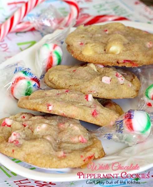 White Chocolate Peppermint Cookies | Can't Stay Out of the Kitchen | fantastic #cookies with white #chocolate chips & #Andes #peppermint baking chips. Great for #holiday baking. #dessert