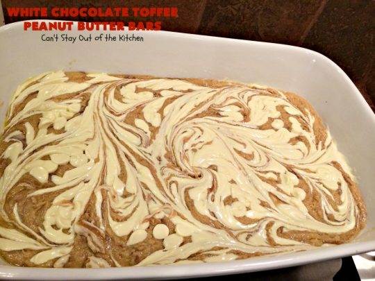 White Chocolate Toffee Peanut Butter Bars | Can't Stay Out of the Kitchen | Everyone raves over these #brownies when we make them. They'e super rich, decadent & absolutely divine! They will cure any sweet tooth craving you have. #toffee #dessert #chocolate #cookies #whitechocolate #HeathEnglishToffeeBits #ChocolateDessert #ToffeeDessert #peanutbutter #PeanutButterDessert #Tailgating #TailgatingDessert