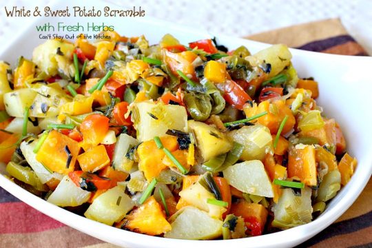White & Sweet Potato Scramble with Fresh Herbs | Can't Stay Out of the Kitchen | this amazing #potato #sidedish is great for #breakfast or dinner. It's filled with several kinds of herbs & #veggies. #glutenfree #vegan