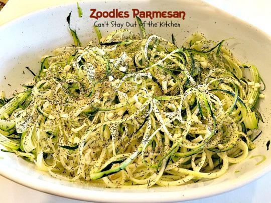 Zoodles Parmesan | Can't Stay Out of the Kitchen | this skinny & delicious side dish is a great way to use up garden #zucchini. #Parmesancheese adds gooeyness to this tasty #casserole. Great for #holiday menus too.