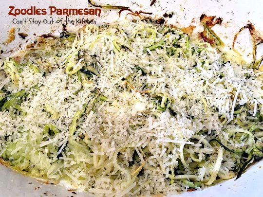 Zoodles Parmesan | Can't Stay Out of the Kitchen | this skinny & delicious side dish is a great way to use up garden #zucchini. #Parmesancheese adds gooeyness to this tasty #casserole. Great for #holiday menus too.
