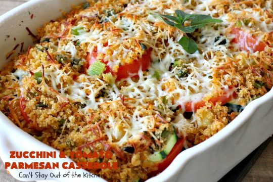 Zucchini and Tomato Parmesan Casserole | Can't Stay Out of the Kitchen | This fantastic #casserole is one of the best #zucchini side dishes you'll ever eat. It got rave reviews from our company. It has great #Italian flavor & is terrific for company or #holiday meals like #Thanksgiving. Great for #MeatlessMondays too. #tomatoes #ParmesanCheese #CheddarCheese #PankoBreadCrumbs  #ZucchiniCasserole #ZucchiniTomatoCasserole #HolidaySideDish #ZucchiniAndTomatoParmesanCasserole