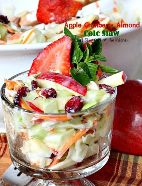 Apple Cranberry Almond Cole Slaw | Can't Stay Out of the Kitchen | this #coleslaw is amazing. It's filled with #apples #almonds #craisins #celery & #carrots in a tasty #Greekyogurt dressing. Healthy, low calorie & #glutenfree. #cabbage