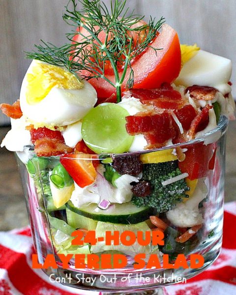 24-Hour Layered Salad | Can't Stay Out of the Kitchen | Wow, I absolutely love this stuff! This #salad has so many layers & tastes absolutely awesome. We love to serve it for potlucks, backyard #BBQs and summer #holidays like #FathersDay, #FourthofJuly & #LaborDay. #bacon #romano #glutenfree