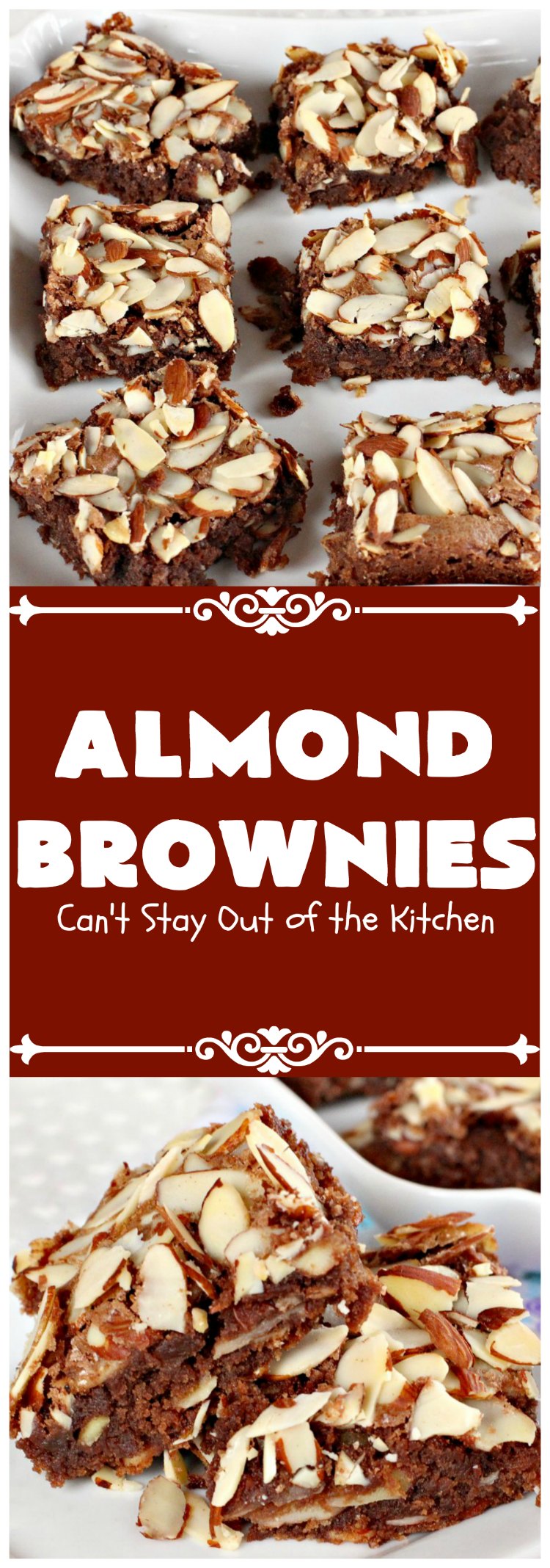 Almond Brownies | Can't Stay Out of the Kitchen | these lush, decadent #brownies are filled with #almonds providing a crunchy texture that's irresistible. Terrific for #holidays like #MemorialDay, #FourthofJuly or #LaborDay. We also like them for potlucks & #tailgating parties. #Chocolate #dessert #ChocolateDessert #AlmondDessert #cookie