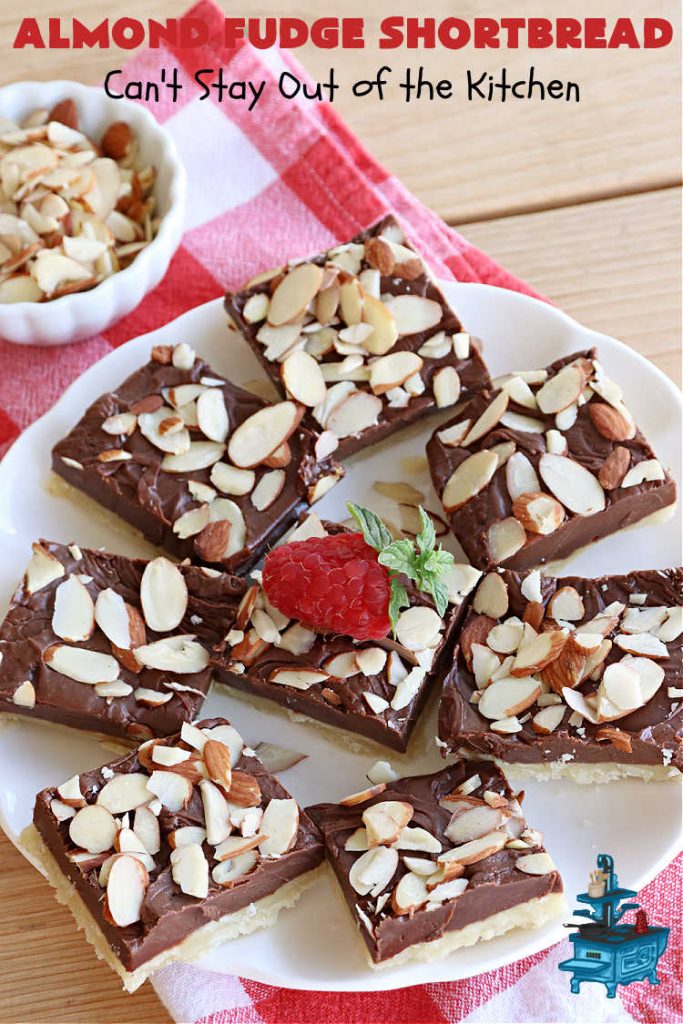 Almond Fudge Shortbread | Can't Stay Out of the Kitchen | This luscious, fudge, chocolaty #shortbread #recipe is rich, decadent & heavenly. Wow your family & friends with this fantastic #cookie at your next #potluck, #tailgating party, #BackyardBarbecue or even #holiday baking & a #ChristmasCookieExchange. Every bite will have you swooning! #Almonds #Fudge #dessert #AlmondFudgeShortbread #ChocolateDessert