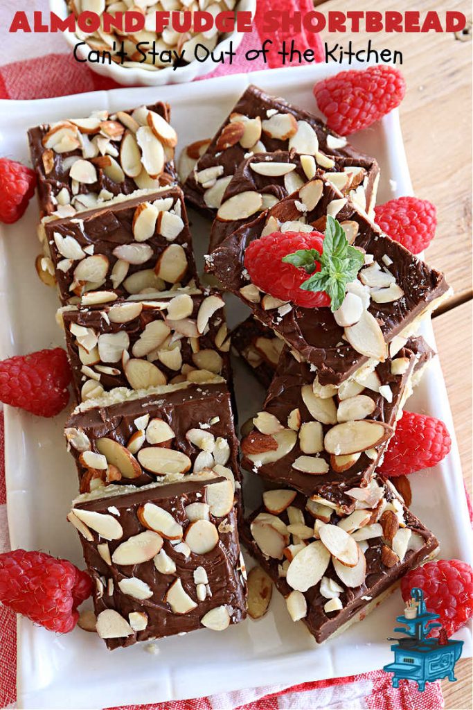 Almond Fudge Shortbread | Can't Stay Out of the Kitchen | This luscious, fudge, chocolaty #shortbread #recipe is rich, decadent & heavenly. Wow your family & friends with this fantastic #cookie at your next #potluck, #tailgating party, #BackyardBarbecue or even #holiday baking & a #ChristmasCookieExchange. Every bite will have you swooning! #Almonds #Fudge #dessert #AlmondFudgeShortbread #ChocolateDessert