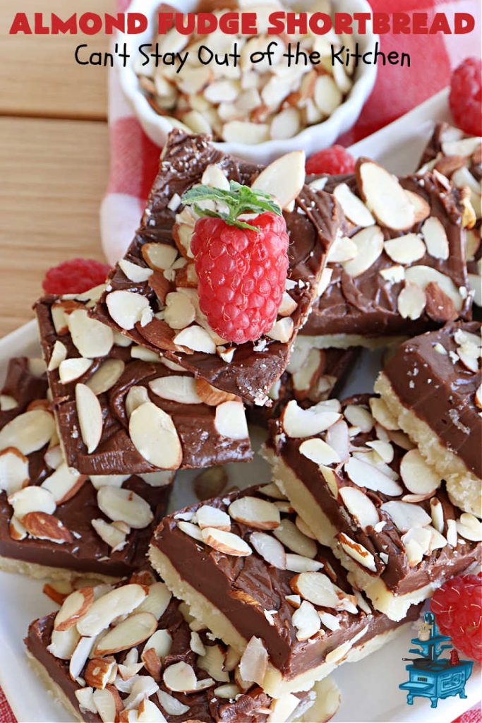 Almond Fudge Shortbread | Can't Stay Out of the Kitchen | This luscious, fudge, chocolaty #shortbread #recipe is rich, decadent & heavenly. Wow your family & friends with this fantastic #cookie at your next #potluck, #tailgating party, #BackyardBarbecue or even #holiday baking & a #ChristmasCookieExchange. Every bite will have you swooning! #Almonds #Fudge #dessert #AlmondFudgeShortbread #ChocolateDessertAlmond Fudge Shortbread | Can't Stay Out of the Kitchen | This luscious, fudge, chocolaty #shortbread #recipe is rich, decadent & heavenly. Wow your family & friends with this fantastic #cookie at your next #potluck, #tailgating party, #BackyardBarbecue or even #holiday baking & a #ChristmasCookieExchange. Every bite will have you swooning! #Almonds #Fudge #dessert #AlmondFudgeShortbread #ChocolateDessert