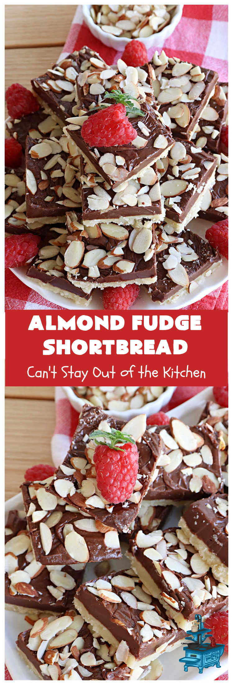 Almond Fudge Shortbread | Can't Stay Out of the Kitchen | This luscious, fudge, chocolaty #shortbread #recipe is rich, decadent & heavenly. Wow your family & friends with this fantastic #cookie at your next #potluck, #tailgating party, #BackyardBarbecue or even #holiday baking & a  #ChristmasCookieExchange. Every bite will have you swooning! #Almonds #Fudge #dessert #AlmondFudgeShortbread #ChocolateDessert