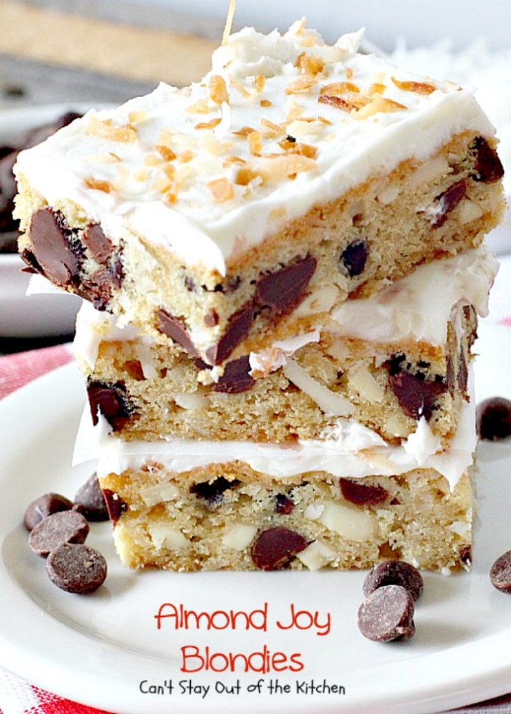 Almond Joy Blondies | Can't Stay Out of the Kitchen | these rich and decadent #cookies are divine. Perfect #dessert for any occasion. The icing is to die for! #chocolate #coconut #almonds