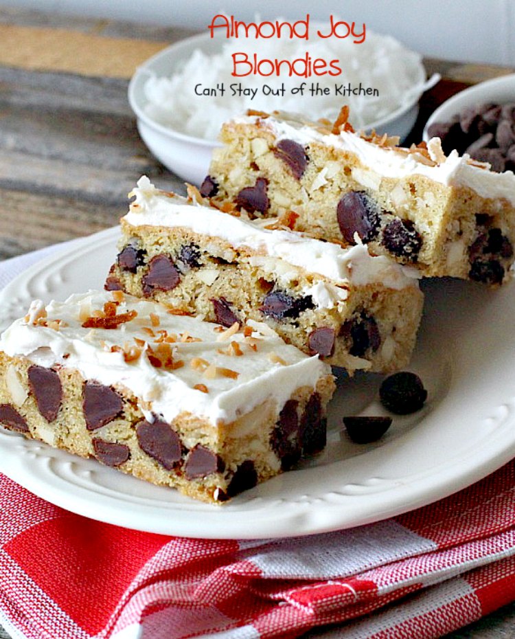 Almond Joy Blondies | Can't Stay Out of the Kitchen | these rich and decadent #cookies are divine. Perfect #dessert for any occasion. The icing is to die for! #chocolate #coconut #almonds