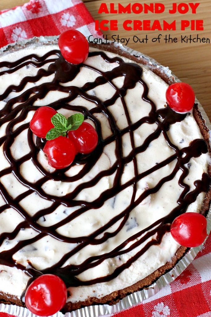 Almond Joy Ice Cream Pie | Can't Stay Out of the Kitchen | this spectacular 4-ingredient #recipe will knock your socks off! It's the ultimate #dessert for #Easter, #MothersDay or other special occasions. It tastes like eating #AlmondJoyBars but in #IceCream form! #AlmondJoyDessert #ChocolateDessert #IceCreamDessert #HolidayDessert #EasterDessert #MothersDayDessert #coconut #almonds #chocolate