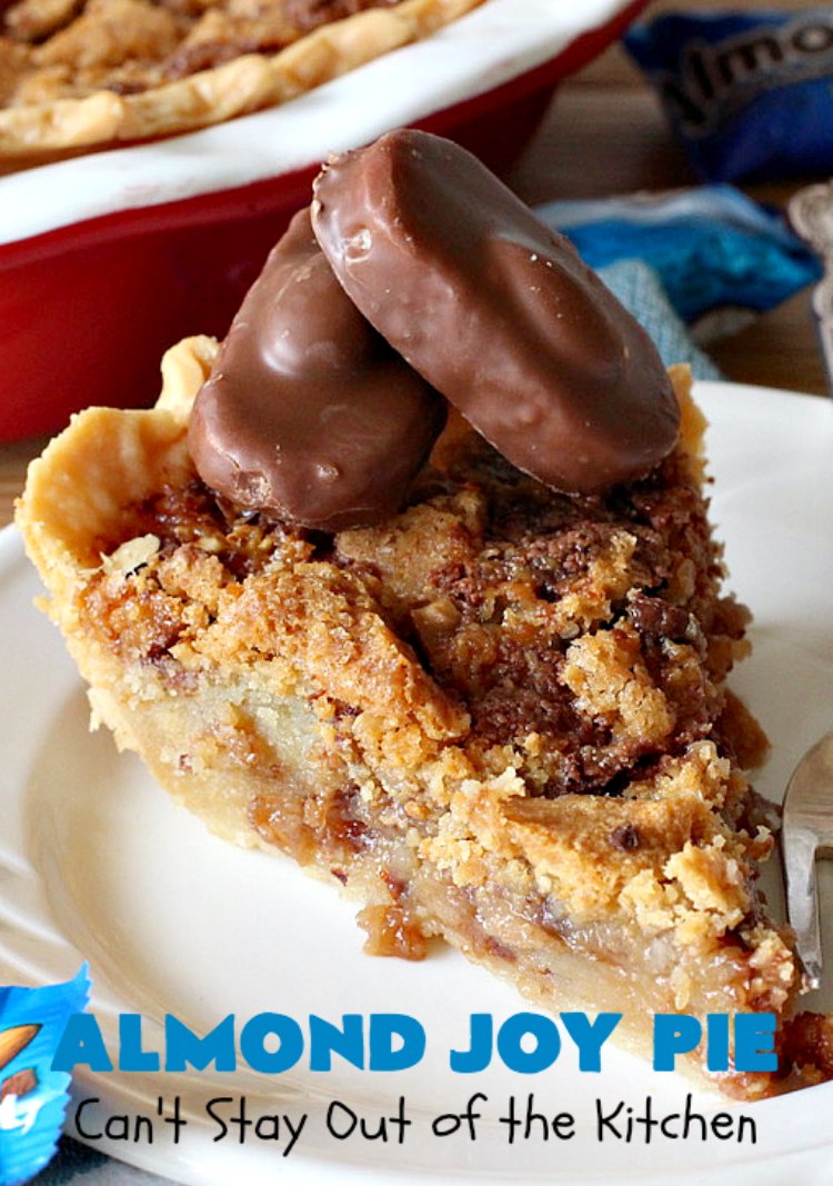 Almond Joy Pie | Can't Stay Out of the Kitchen | this fantastic #pie is filled with #AlmondJoyBars. So it's loaded with #chocolate, #coconut & #almonds. Every bite is breathtaking. Great #dessert for company or #holidays like #ValentinesDay. #HolidayDessert #ValentinesDayDessert #AlmondJoyDessert #AlmondJoyPie #ChocolateDessert #CoconutDessert #AlmondDessert