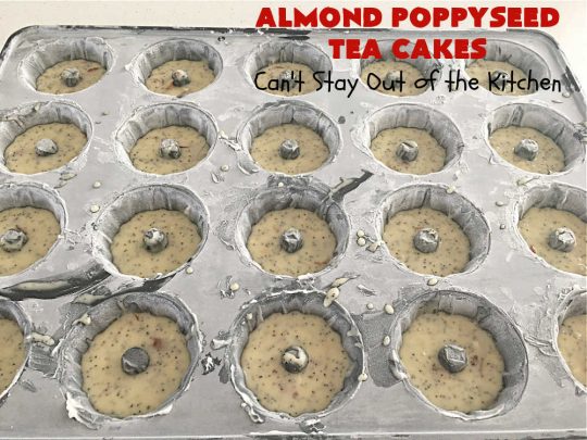 Almond Poppyseed Tea Cakes | Can't Stay Out of the Kitchen | these amazing #TeaCakes are irresistible & mouthwatering. They include both #almond flavoring & #almonds along with #poppyseeds to give flavor & texture to the #cake. These are fantastic for #holiday or #Christmas parties, but delightful enough to make all year long. Prepare to drool over every bite! #dessert #HolidayDessert #AlmondPoppyseedTeaCakesAlmond Poppyseed Tea Cakes | Can't Stay Out of the Kitchen | these amazing #TeaCakes are irresistible & mouthwatering. They include both #almond flavoring & #almonds along with #poppyseeds to give flavor & texture to the #cake. These are fantastic for #holiday or #Christmas parties, but delightful enough to make all year long. Prepare to drool over every bite! #dessert #HolidayDessert #AlmondPoppyseedTeaCakes