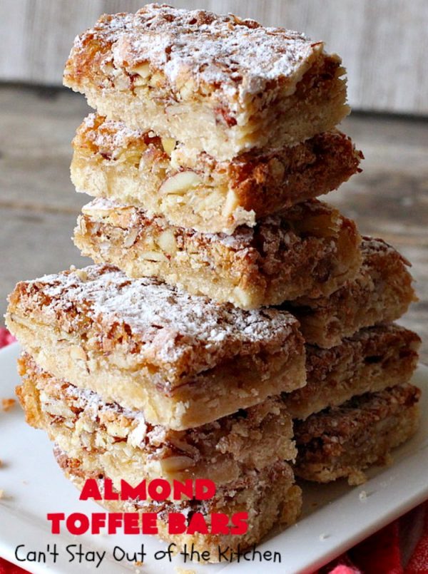 Almond Toffee Bars | Can't Stay Out of the Kitchen | each delicious bar-type #cookie is filled with #toffee, #coconut & #almonds. They're irresistible & so delicious. #dessert #AlmondDessert #ToffeeDessert #HolidayDessert #ValentinesDayDessert #SuperBowlDessert #Tailgating