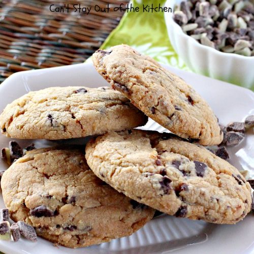 Andes Chocolate Mint Cookies | Can't Stay Out of the Kitchen | these spectacular #cookies start with #MrsFieldsChocolateChipCookie dough & add #AndesChocolateMints. They are rich, decadent & heavenly. If you enjoy the flavors of #chocolate & #mint, you'll adore this #dessert. #tailgating #ChocolateDessert #MintDessert #AndesChocolateMintCookies #ChristmasCookieExchange