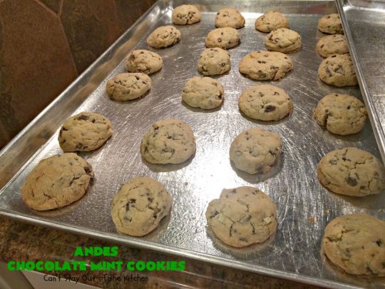 Andes Chocolate Mint Cookies | Can't Stay Out of the Kitchen | these spectacular #cookies start with #MrsFieldsChocolateChipCookie dough & add #AndesChocolateMints. They are rich, decadent & heavenly. If you enjoy the flavors of #chocolate & #mint, you'll adore this #dessert. #tailgating #ChocolateDessert #MintDessert #AndesChocolateMintCookies #ChristmasCookieExchange