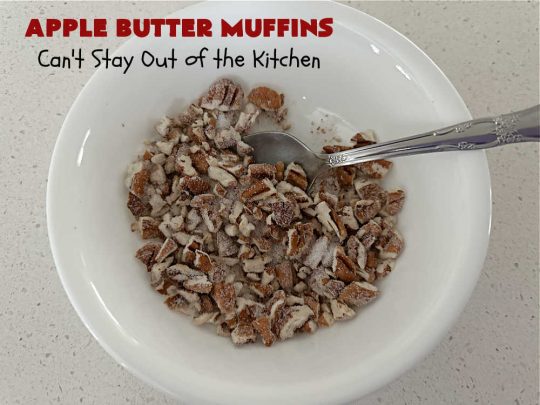 Apple Butter Muffins | Can't Stay Out of the Kitchen | Prepare to drool over these outstanding #muffins. They taste just like #CinnamonToastCrunch on top and #ApplePie in the middle! Every bite is rich, decadent & heavenly. Terrific for a weekend, company or #holiday #breakfast or #brunch. You won't be able to gobble them up fast enough! #AppleButter #pecans #BreakfastMuffins #HolidayMuffins #AppleButterMuffins