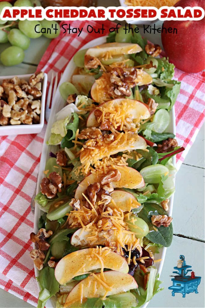 Apple Cheddar Tossed Salad | Can't Stay Out of the Kitchen | This light & refreshing #TossedSalad includes #apples, #grapes, #ToastedWalnuts & #CheddarCheese. The Homemade #SaladDressing is fantastic. This is a terrific #salad for company or #holiday dinners as well as regular family dinners. #GlutenFree #healthy #SideDish #AppleCheddarTossedSalad