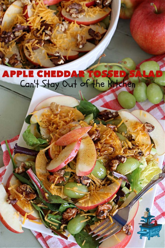 Apple Cheddar Tossed Salad | Can't Stay Out of the Kitchen | This light & refreshing #TossedSalad includes #apples, #grapes, #ToastedWalnuts & #CheddarCheese. The Homemade #SaladDressing is fantastic. This is a terrific #salad for company or #holiday dinners as well as regular family dinners. #GlutenFree #healthy #SideDish #AppleCheddarTossedSalad