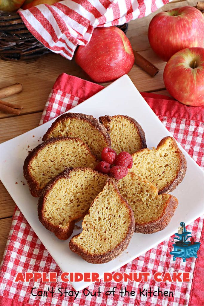 Apple Cider Donut Cake | Can't Stay Out of the Kitchen | You'll rave over every delectable bite of this amazing #AppleCake. #Applesauce & #AppleCider provide wonderful flavor, & the #cinnamon-sugar topping makes it taste like eating #AppleDonuts! Great for #breakfast or #dessert. #apples #donuts #EasyCakeMixRecipe #AppleDessert #AppleCiderDonutCake