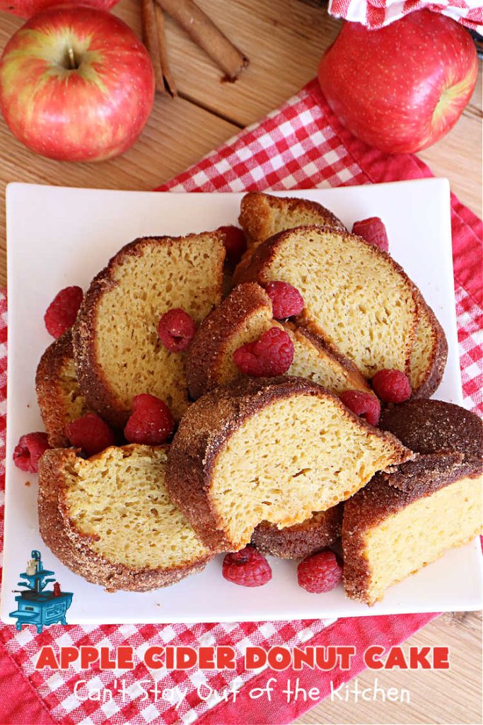 Apple Cider Donut Cake | Can't Stay Out of the Kitchen | You'll rave over every delectable bite of this amazing #AppleCake. #Applesauce & #AppleCider provide wonderful flavor, & the #cinnamon-sugar topping makes it taste like eating #AppleDonuts! Great for #breakfast or #dessert. #apples #donuts #EasyCakeMixRecipe #AppleDessert #AppleCiderDonutCake