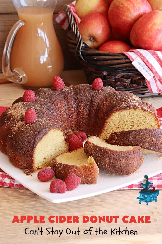 Apple Cider Donut Cake | Can't Stay Out of the Kitchen | You'll rave over every delectable bite of this amazing #AppleCake. #Applesauce & #AppleCider provide wonderful flavor, & the #cinnamon-sugar topping makes it taste like eating #AppleDonuts! Great for #breakfast or #dessert. #apples #donuts #EasyCakeMixRecipe #AppleDessert #AppleCiderDonutCake