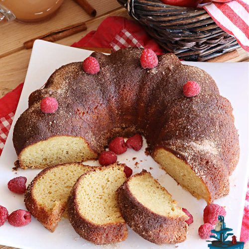 Apple Cider Donut Cake | Can't Stay Out of the Kitchen | You'll rave over every delectable bite of this amazing #AppleCake. #Applesauce & #AppleCider provide wonderful flavor, & the #cinnamon-sugar topping makes it taste like eating #AppleDonuts! Great for #breakfast or #dessert. #apples #donuts #EasyCakeMixRecipe #AppleDessert #AppleCiderDonutCake