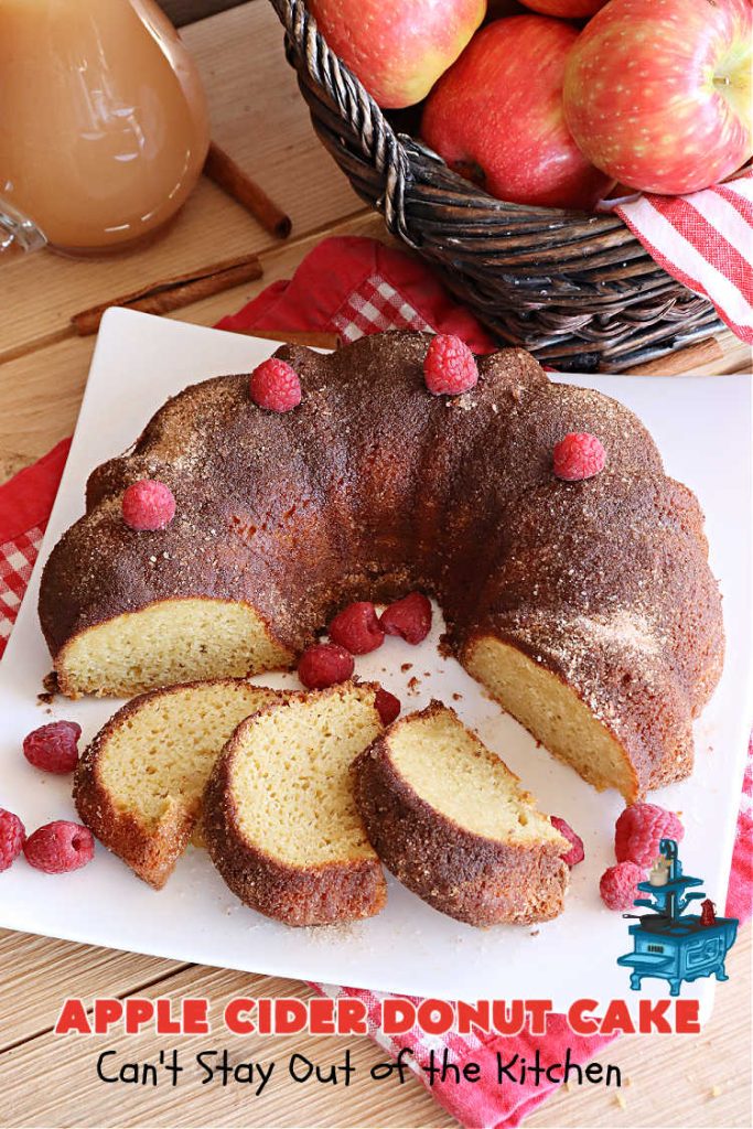 Apple Cider Donut Cake | Can't Stay Out of the Kitchen | You'll rave over every delectable bite of this amazing #AppleCake. #Applesauce & #AppleCider provide wonderful flavor, & the #cinnamon-sugar topping makes it taste like eating #AppleDonuts! Great for #breakfast or #dessert. #apples #donuts #EasyCakeMixRecipe #AppleDessert #AppleCiderDonutCake