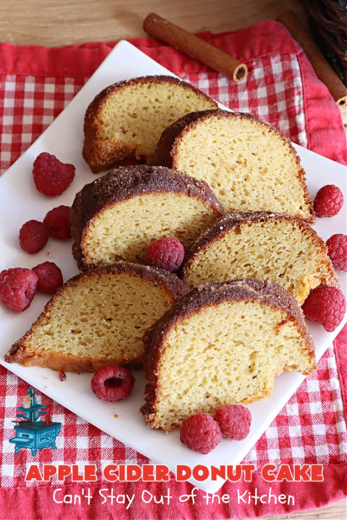 Apple Cider Donut Cake | Can't Stay Out of the Kitchen | You'll rave over every delectable bite of this amazing #AppleCake. #Applesauce & #AppleCider provide wonderful flavor, & the #cinnamon-sugar topping makes it taste like eating #AppleDonuts! Great for #breakfast or #dessert. #apples #donuts #EasyCakeMixRecipe #AppleDessert #AppleCiderDonutCake