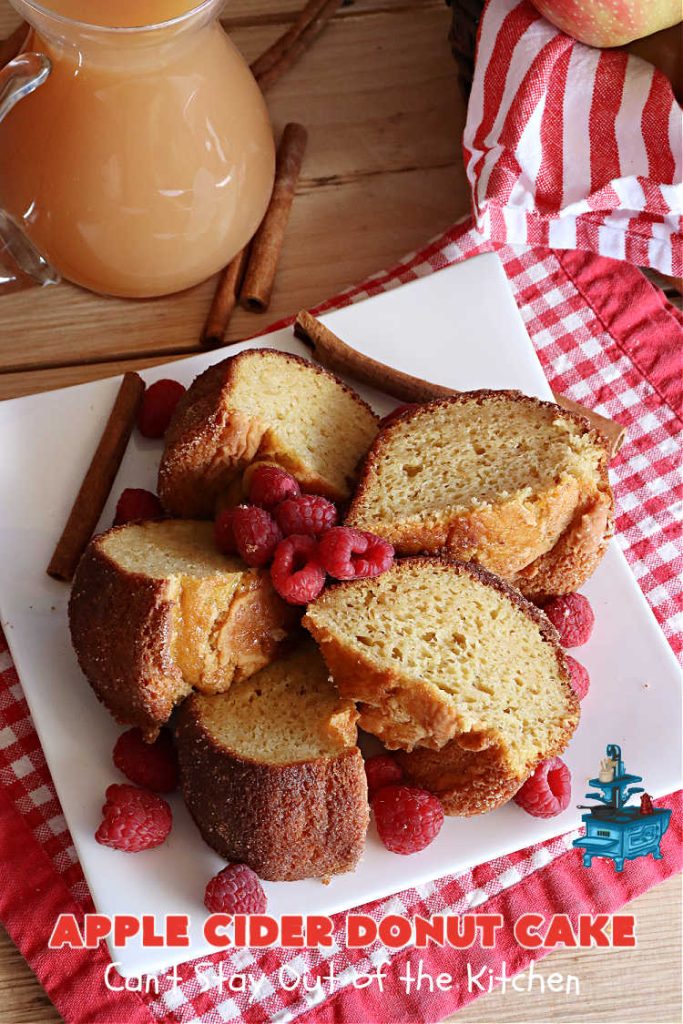 Apple Cider Donut Cake | Can't Stay Out of the Kitchen | You'll rave over every delectable bite of this amazing #AppleCake. #Applesauce & #AppleCider provide wonderful flavor, & the #cinnamon-sugar topping makes it taste like eating #AppleDonuts! Great for #breakfast or #dessert. #apples #donuts #EasyCakeMixRecipe #AppleDessert #AppleCiderDonutCake