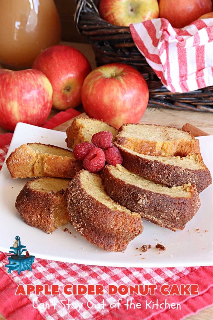 Apple Cider Donut Cake | Can't Stay Out of the Kitchen | You'll rave over every delectable bite of this amazing #AppleCake. #Applesauce & #AppleCider provide wonderful flavor, & the #cinnamon-sugar topping makes it taste like eating #AppleDonuts! Great for #breakfast or #dessert. #apples #donuts #EasyCakeMixRecipe #AppleDessert #AppleCiderDonutCake