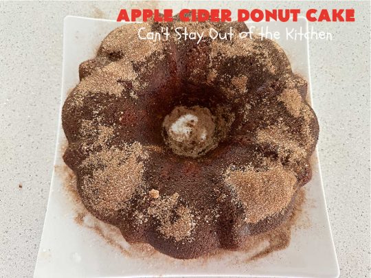 Apple Cider Donut Cake | Can't Stay Out of the Kitchen | You'll rave over every delectable bite of this amazing #AppleCake. #Applesauce & #AppleCider provide wonderful flavor, & the #cinnamon-sugar topping makes it taste like eating #AppleDonuts! Great for #breakfast or #dessert. #apples #donuts #EasyCakeMixRecipe #AppleDessert #AppleCiderDonutCake