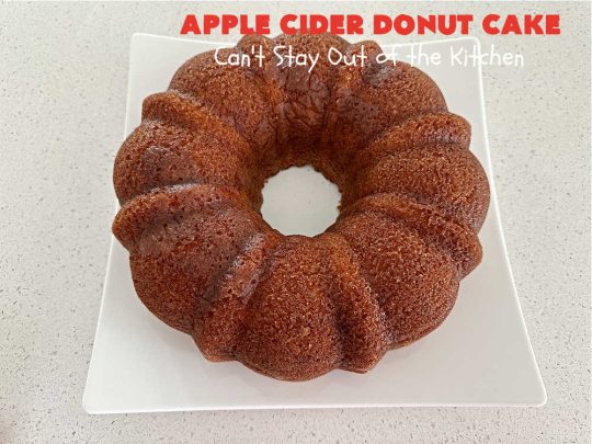 Apple Cider Donut Cake | Can't Stay Out of the Kitchen | You'll rave over every delectable bite of this amazing #AppleCake. #Applesauce & #AppleCider provide wonderful flavor, & the #cinnamon-sugar topping makes it taste like eating #AppleDonuts! Great for #breakfast or #dessert. #apples #donuts #EasyCakeMixRecipe #AppleDessert #AppleCiderDonutCake