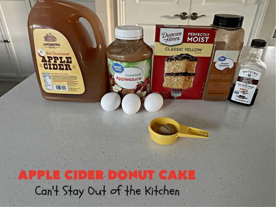 Apple Cider Donut Cake | Can't Stay Out of the Kitchen | You'll rave over every delectable bite of this amazing #AppleCake. #Applesauce & #AppleCider provide wonderful flavor, & the #cinnamon-sugar topping makes it taste like eating #AppleDonuts! Great for #breakfast or #dessert. #apples #donuts #EasyCakeMixRecipe #AppleDessert #AppleCiderDonutCake