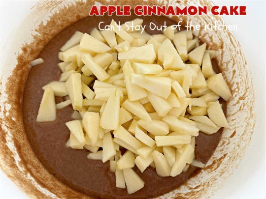 Apple Cinnamon Cake | Can't Stay Out of the Kitchen | This lovely #AppleCake includes loads of fresh #HoneyCrisp #apples along with #cinnamon & a wonderful #CreamCheese #icing. The #cake is moist & so flavorful. It's a fantastic #dessert for family or company dinners. #FallBaking #HolidayDessert #AppleCinnamonCake