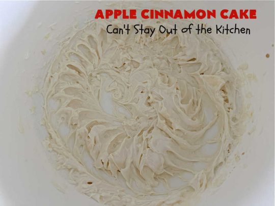 Apple Cinnamon Cake | Can't Stay Out of the Kitchen | This lovely #AppleCake includes loads of fresh #HoneyCrisp #apples along with #cinnamon & a wonderful #CreamCheese #icing. The #cake is moist & so flavorful. It's a fantastic #dessert for family or company dinners. #FallBaking #HolidayDessert #AppleCinnamonCake