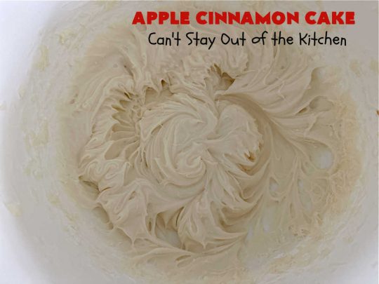 Apple Cinnamon Cake | Can't Stay Out of the Kitchen | This lovely #AppleCake includes loads of fresh #HoneyCrisp #apples along with #cinnamon & a wonderful #CreamCheese #icing. The #cake is moist & so flavorful. It's a fantastic #dessert for family or company dinners. #FallBaking #HolidayDessert #AppleCinnamonCake