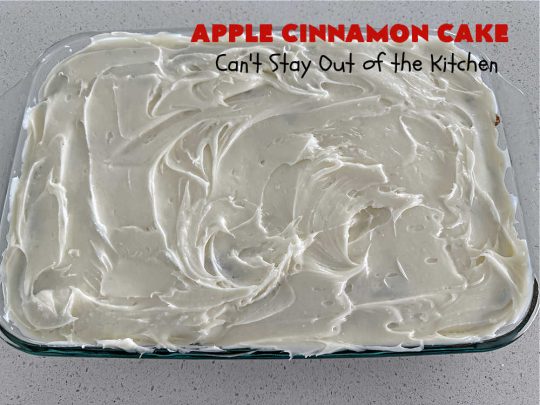 Apple Cinnamon Cake | Can't Stay Out of the Kitchen | This lovely #AppleCake includes loads of fresh #HoneyCrisp #apples along with #cinnamon & a wonderful #CreamCheese #icing. The #cake is moist & so flavorful. It's a fantastic #dessert for family or company dinners. #FallBaking #HolidayDessert #AppleCinnamonCake