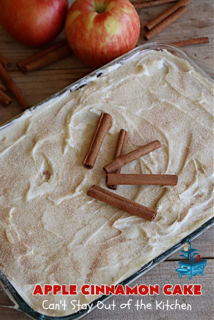 Apple Cinnamon Cake | Can't Stay Out of the Kitchen | This lovely #AppleCake includes loads of fresh #HoneyCrisp #apples along with #cinnamon & a wonderful #CreamCheese #icing. The #cake is moist & so flavorful. It's a fantastic #dessert for family or company dinners. #FallBaking #HolidayDessert #AppleCinnamonCake