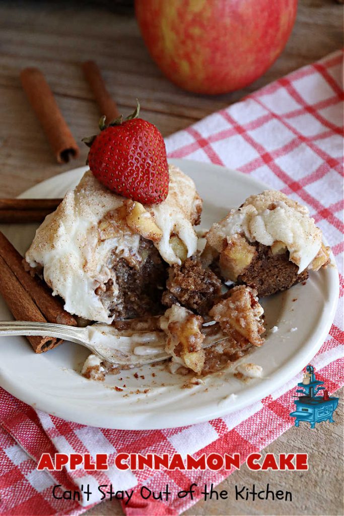 Apple Cinnamon Cake | Can't Stay Out of the Kitchen | This lovely #AppleCake includes loads of fresh #HoneyCrisp #apples along with #cinnamon & a wonderful #CreamCheese #icing. The #cake is moist & so flavorful. It's a fantastic #dessert for family or company dinners. #FallBaking #HolidayDessert #AppleCinnamonCake