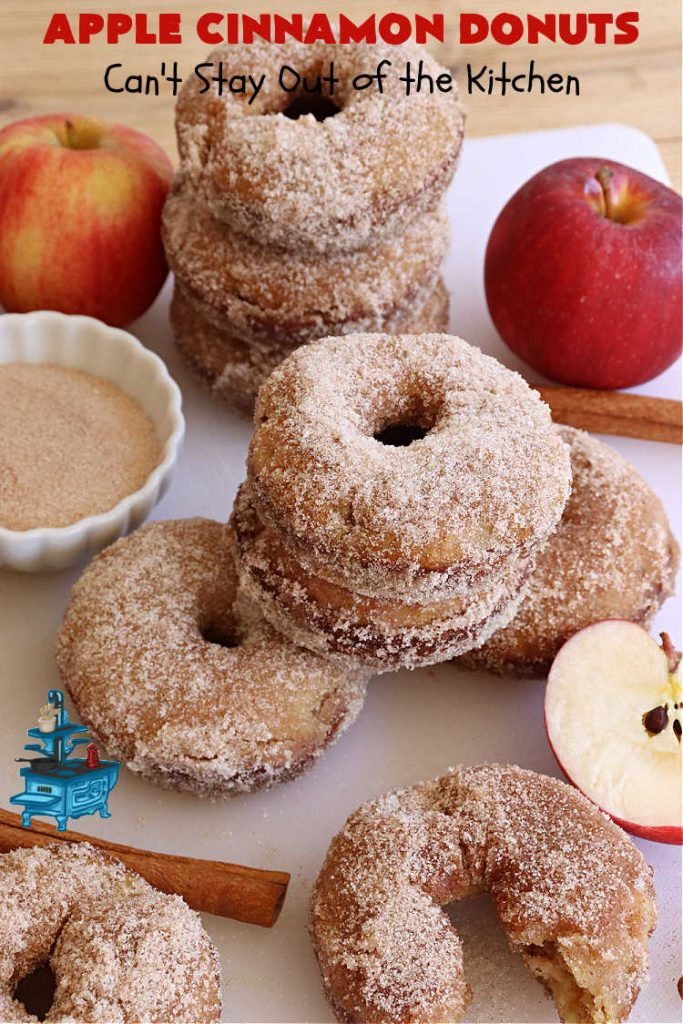 Apple Cinnamon Donuts | Can't Stay Out of the Kitchen | Brighten up your day with a batch of these fantastic #donuts. #AppleCinnamonDonuts include both #applesauce & #apples & they're rolled in melted butter and dredged in a #cinnamon-sugar mixture. Terrific for a weekend, company or #holiday #breakfast. You'll be swooning from the first bite! #HolidayBreakfast