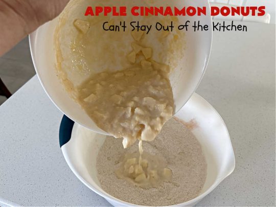 Apple Cinnamon Donuts | Can't Stay Out of the Kitchen | Brighten up your day with a batch of these fantastic #donuts. #AppleCinnamonDonuts include both #applesauce & #apples & they're rolled in melted butter and dredged in a #cinnamon-sugar mixture. Terrific for a weekend, company or #holiday #breakfast. You'll be swooning from the first bite! #HolidayBreakfast