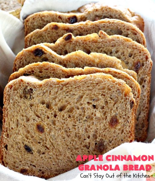 Apple Cinnamon Granola Bread | Can't Stay Out of the Kitchen | this fantastic #HomemadeBread is so quick & easy. It uses #applesauce, #raisins, #AppleJuice & #granola. It's one of the best #breadmaker #bread #recipes I've ever made. Terrific for a company or #holiday #breakfast, but it's not overly sweet so it makes a good dinner bread also. #cinnamon #AppleCinnamonGranolaBread