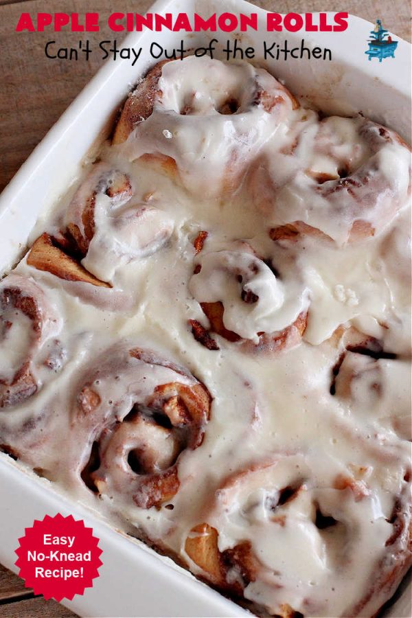 Apple Cinnamon Rolls | Can't Stay Out of the Kitchen | these luscious #CinnamonRolls are outrageously good. They're filled with #apples & #cinnamon & slathered with a rich, thick icing to die for. Terrific for a weekend, company or #holiday #breakfast. Every bite will have you drooling. #brunch #SweetRolls #AppleCinnamonRolls
