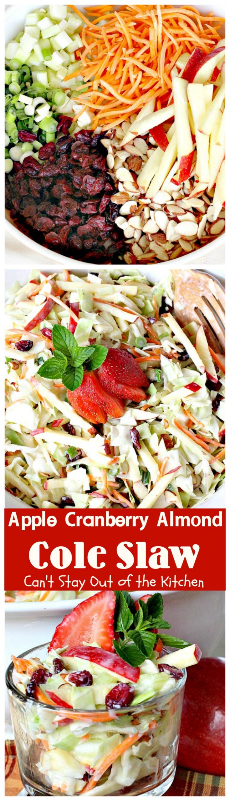 Apple Cranberry Almond Cole Slaw | Can't Stay Out of the Kitchen | this #coleslaw is amazing. It's filled with #apples #almonds #craisins #celery & #carrots in a tasty #Greekyogurt dressing. Healthy, low calorie & #glutenfree. #cabbage