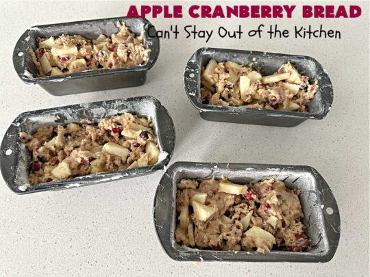 Apple Cranberry Bread | Can't Stay Out of the Kitchen | this is a delightful #SweetBread to bake during the #holiday season between #Thanksgiving & #NewYearsDay. It's filled with #apples, fresh #cranberries, #pecans & jazzed up with #cinnamon. It's a great #bread to adorn any #Christmas table or to serve at a #HolidayParty. #AppleBread #CranberryBread #AppleCranberryBread