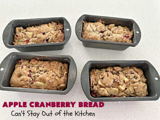 Apple Cranberry Bread | Can't Stay Out of the Kitchen | this is a delightful #SweetBread to bake during the #holiday season between #Thanksgiving & #NewYearsDay. It's filled with #apples, fresh #cranberries, #pecans & jazzed up with #cinnamon. It's a great #bread to adorn any #Christmas table or to serve at a #HolidayParty. #AppleBread #CranberryBread #AppleCranberryBread